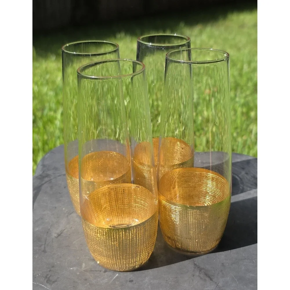 Fitz and Floyd Stemless Champagne Flutes Gold Textured Set of 4